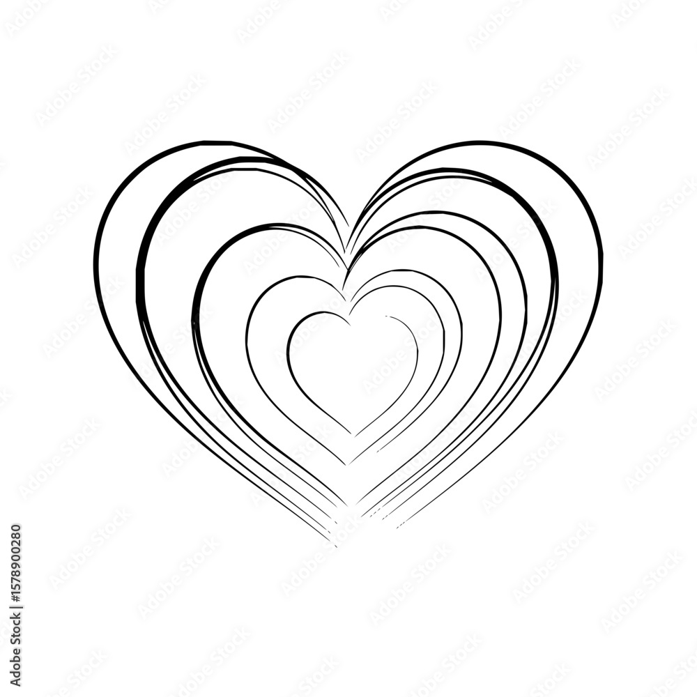 Poster concentric heart shapes in black outline showing a series of hearts nested within each other design 