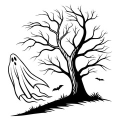 Obraz premium Halloween Ghost Flying Near Bare Tree with Bats Silhouette Vector Illustration