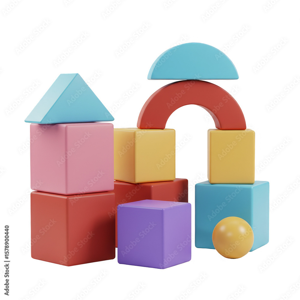 Poster geometric shapes 3d render building block toys on transparent background