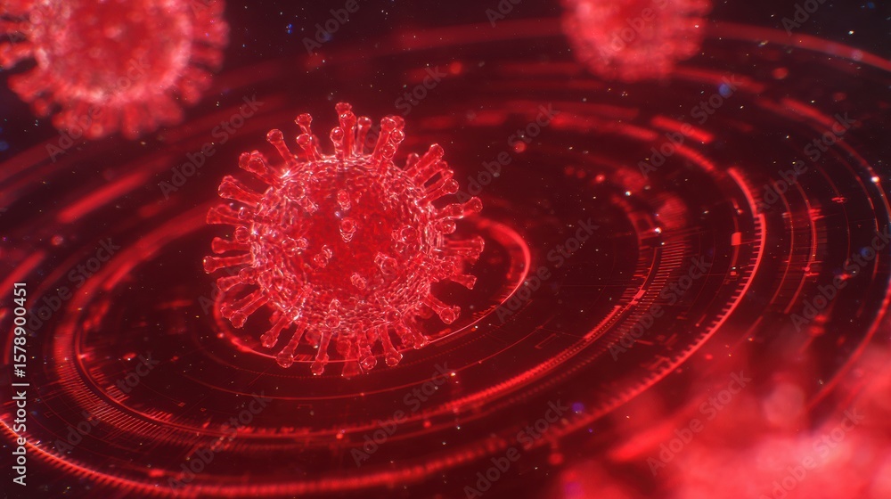 Poster digital animation of virus multiplication with red alert overlay showcasing the process in a clear v