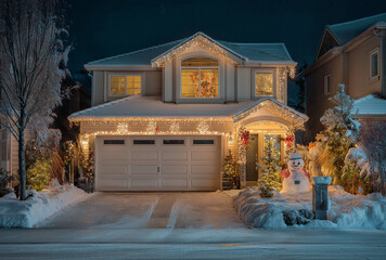 A photograph of the front yard and garage roof decorated with Christmas lights, showing bright white light bulbs in red, green, and yellow colors on an American-style suburban home at night