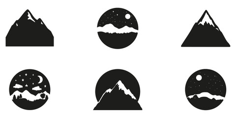 Mountain And Night Sky Silhouette Set. Nature And Landscape Symbol Collection. Outdoor And Adventure Design Use. Isolated Vector Illustration