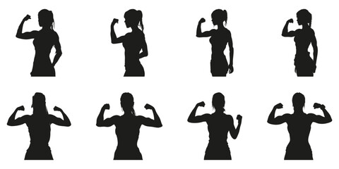 Female Fitness Poses In Silhouette Set. Strength And Empowerment Symbol Collection. Health And Wellness Use. Isolated Vector Illustration