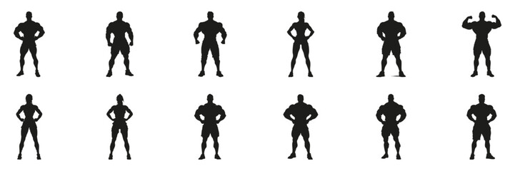 Bodybuilding Poses In Silhouette Set. Fitness And Strength Training Symbol Collection. Health And Wellness Use. Isolated Vector Illustration