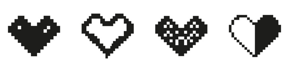 Obraz premium Pixel Heart Designs In Silhouette Set. Love And Emotion Symbol Collection. Digital Art And Graphic Design Use. Isolated Vector Illustration