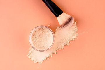 Cosmetic powder with brush on soft peach background representing beauty, skincare and professional makeup tools