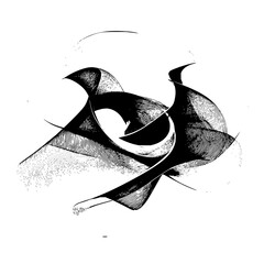 Abstract black and white drawing featuring curved shapes and lines with hatching texture and circular element