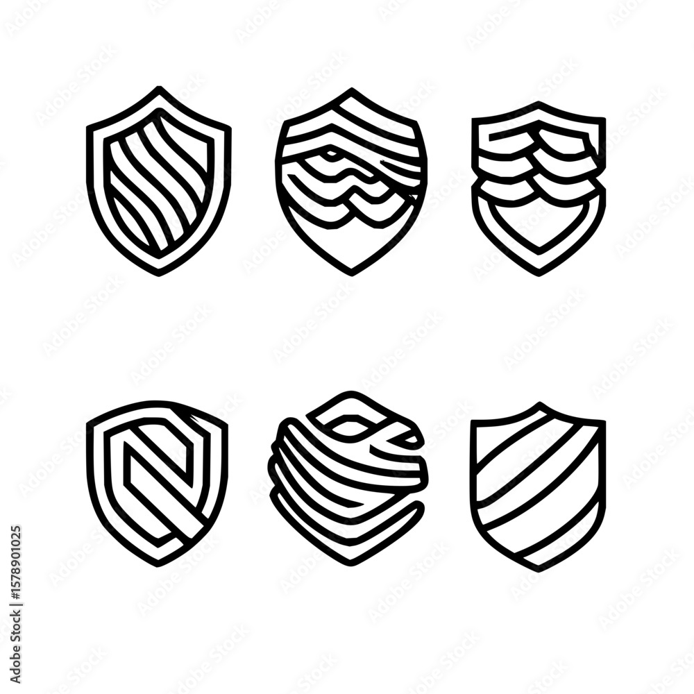 Poster collection of six shield icons with various line patterns inside each shield in a vector format desi
