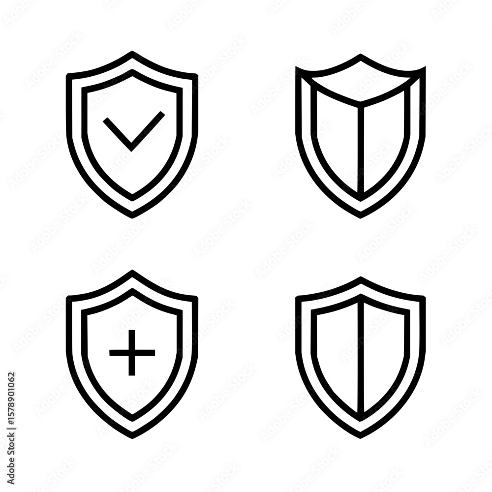 Poster collection of four security shield icons with checkmark plus sign and other symbols in outline style