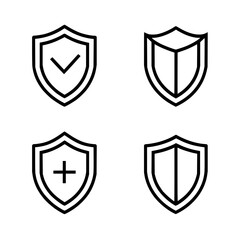 Collection of four security shield icons with checkmark plus sign and other symbols in outline style