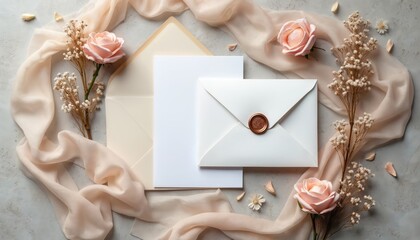 Wedding invitation card with envelope, wax seal, silk ribbon, flowers on stone background. Wedding stationery set, flat lay, top view. Perfect for celebration, event announcement elegant invitation
