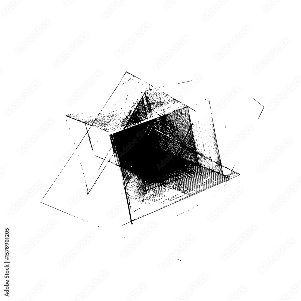 Poster abstract geometric composition featuring overlapping triangles and lines in black and white style ar