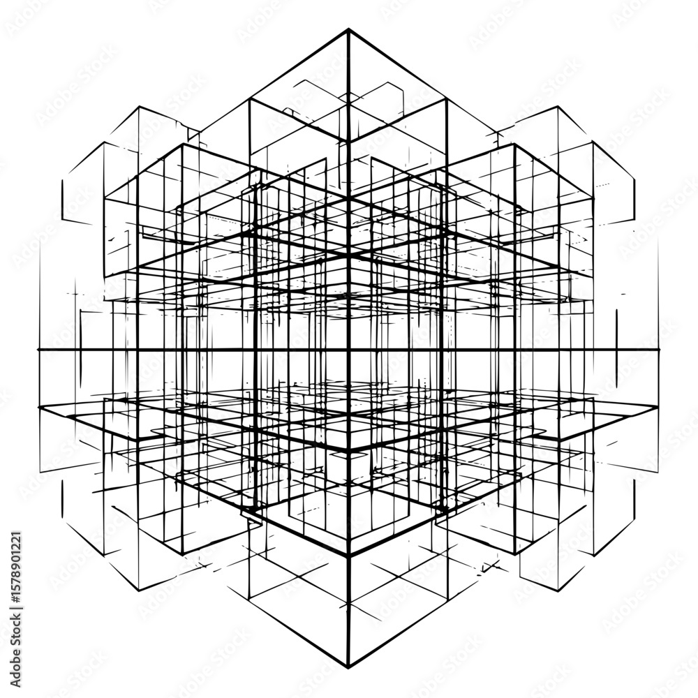 Poster abstract geometric cube structure made of black lines on a white background creating a complex desig