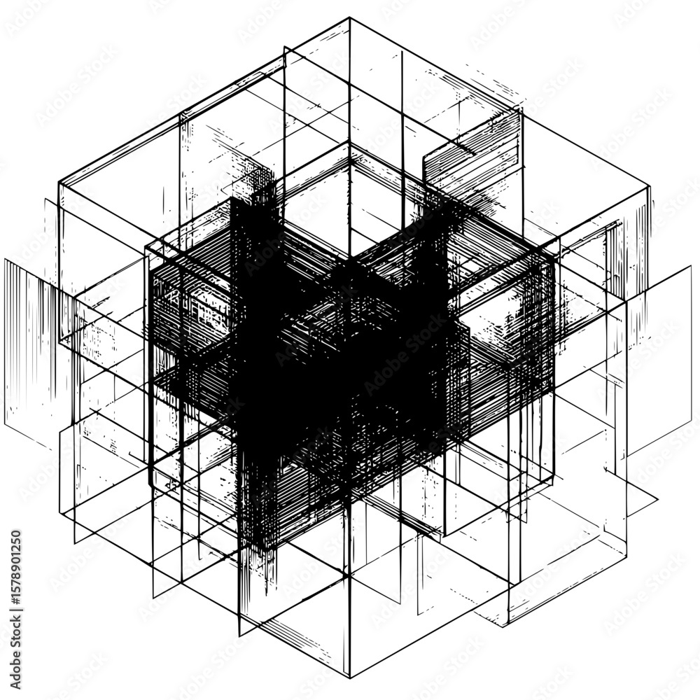 Fototapete abstract rendering of intersecting cubes with dense line work and geometric construction details vis