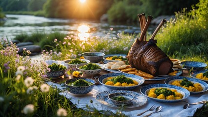 Dining outdoors along river with roasted meat and vegetable dishes