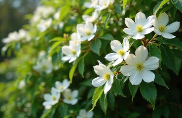 Obraz premium White delicate Cornus kousa dogwood flowers. Green leaves in garden on sunny spring day. Floral background with beautiful outdoor nature. Spring blossom, blooming concept.