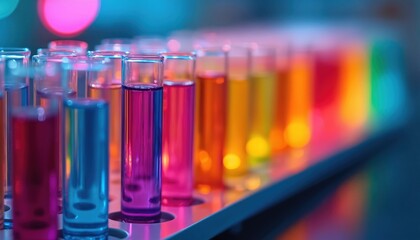 Colorful test tubes arranged in lab. Liquid inside glows with vibrant hues. Dynamic background for website banner. Concept of research, science, medicine, chemical analysis. Futuristic design with