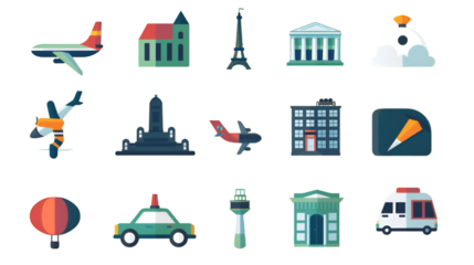 Flat design icons featuring airplanes buildings and emergency vehicles on a transparent background