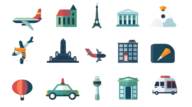 Flat design icons featuring airplanes buildings and emergency vehicles on a transparent background