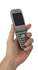Hand Holding Silver Flip Mobile Phone Communication Technology Device