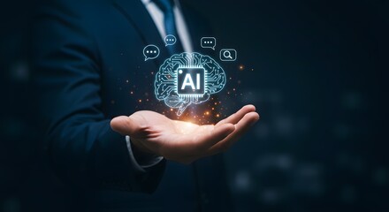 AI Brain Concept: Businessman Holding Futuristic Artificial Intelligence