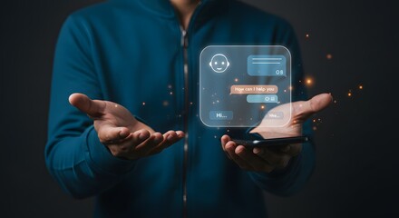 AI Chatbot Concept: Man interacting with virtual assistant on smartphone, customer service and technology concept