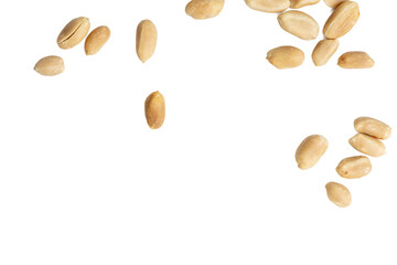 The Top view photograph of peanuts scattered on white background.