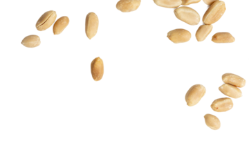The Top view photograph of peanuts scattered on white background.