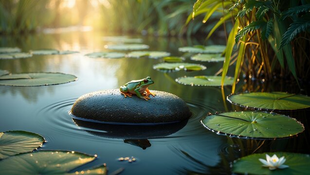 Green frog resting on stone surrounded by lily pads in pond - Powered by Adobe