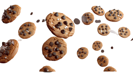Chocolate chip cookies scattered on a transparent background with a soft focus effect throughout image