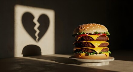 Unhealthy Triple Cheeseburger with Broken Heart Shadow Symbolizing Diet Struggle, Addiction, and Health Impact