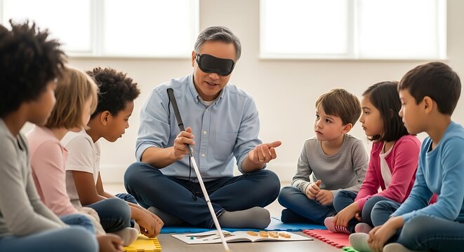 A blindfolded teacher sits in a circle with diverse children, using a cane and gesturing while teaching from a book on the floor.