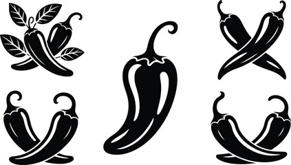 Black Chili Pepper Silhouette Icons Set, Spicy Vegetable Clipart Collection.


