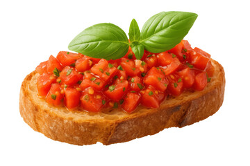Crispy toasted bread slice layered with chopped ripe tomatoes, fragrant basil, herbal seasoning - traditional italian bruschetta appetizer on clean background