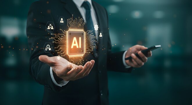 AI Technology Concept: Businessman Holding Glowing Artificial Intelligence Chip