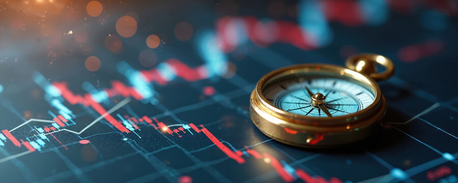 Golden compass on financial data chart showing stock market trading graphs. Investment strategy, financial direction, business analysis, digital technology concept with sparkling lights, blue, red