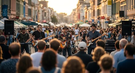 A band performs live music on a city street stage, drawing a large crowd of onlookers during a vibrant outdoor event at sunset.