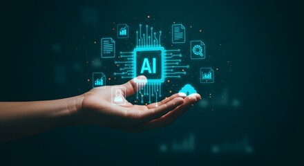 AI Technology Concept: Hand Holding Artificial Intelligence Processor with Cloud and Data Icons