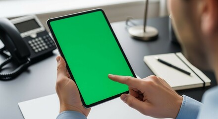 Green screen smartphone and tablet with the office background