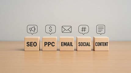 Digital marketing tools with SEO PPC email content and social media icons on wooden blocks highlighting strategy for campaign success branding visibility and online audience engagement