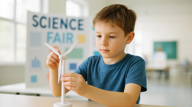 Child building wind turbine model at science fair project demonstrating renewable energy and sustainable technology in classroom