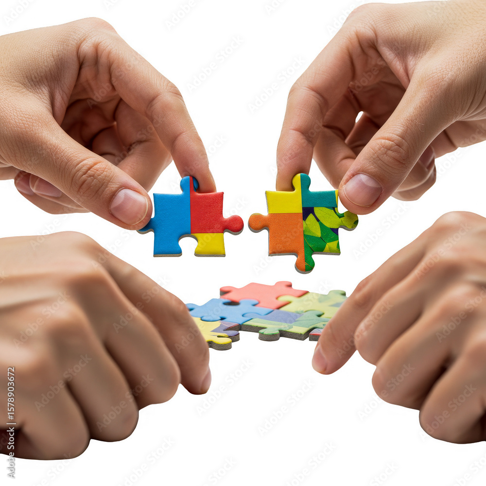 Poster hands completing puzzle pieces teamwork business on transparent image