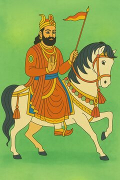 Illustration of baba ramdev on horse in vector style.
