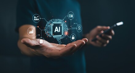 AI Technology Concept: Human hand holding digital brain with data icons