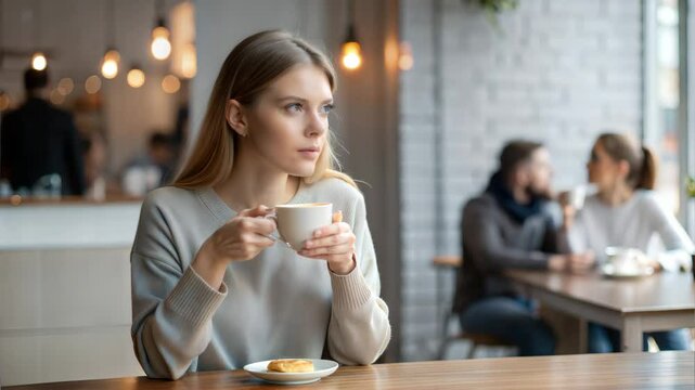 Young woman sipping coffee while sitting at a cafe and reflecting on life, Concept of thoughtful mood  