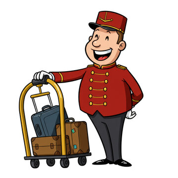 recommend clip art: Cartoon Bellhop Delivering Luggage Hotel Services Transparent Background