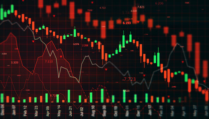 Obraz premium Digital stock market chart with red and green candlesticks indicating financial crisis and downward investment trend on dark background screen. 3D Rendering