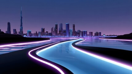 Obraz premium Futuristic cityscape illuminated by vibrant lights at night