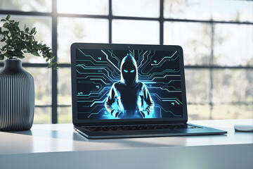 Hacker in hoodie displayed on laptop screen with digital circuit graphics in modern office setting...