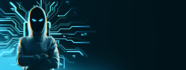 Hooded anonymous hacker in dark digital environment with glowing circuitry and copy space for cyber security or ransomware concept poster.